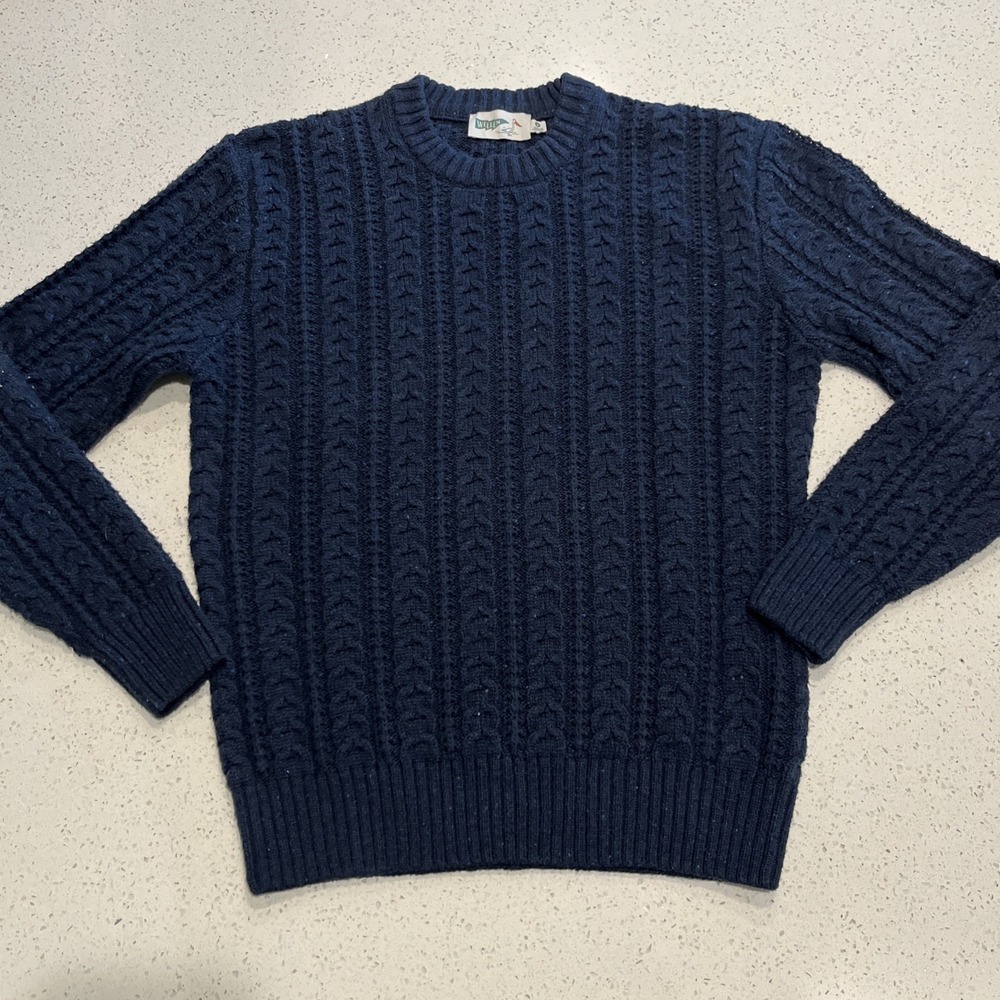 Wellen Huckberry Seawool Fisherman Cable Knit Wool Sweater Mens S Navy Marled